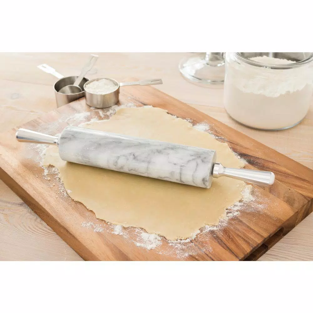 Fox Run White Marble Rolling Pin with Aluminum Handles and Marble Base