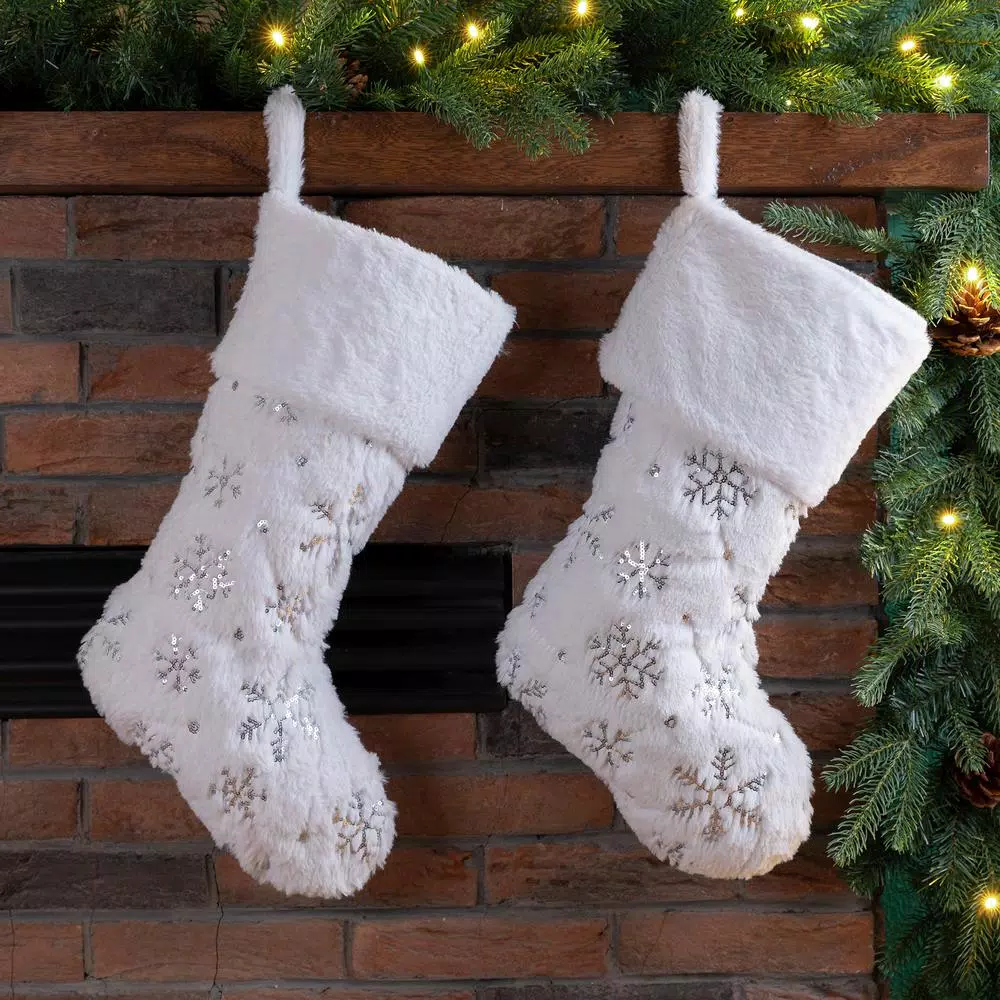 Glitzhome 21 in. White Plush Velvet Christmas Stocking Set with Snowflake Embroidery (2-Pack)