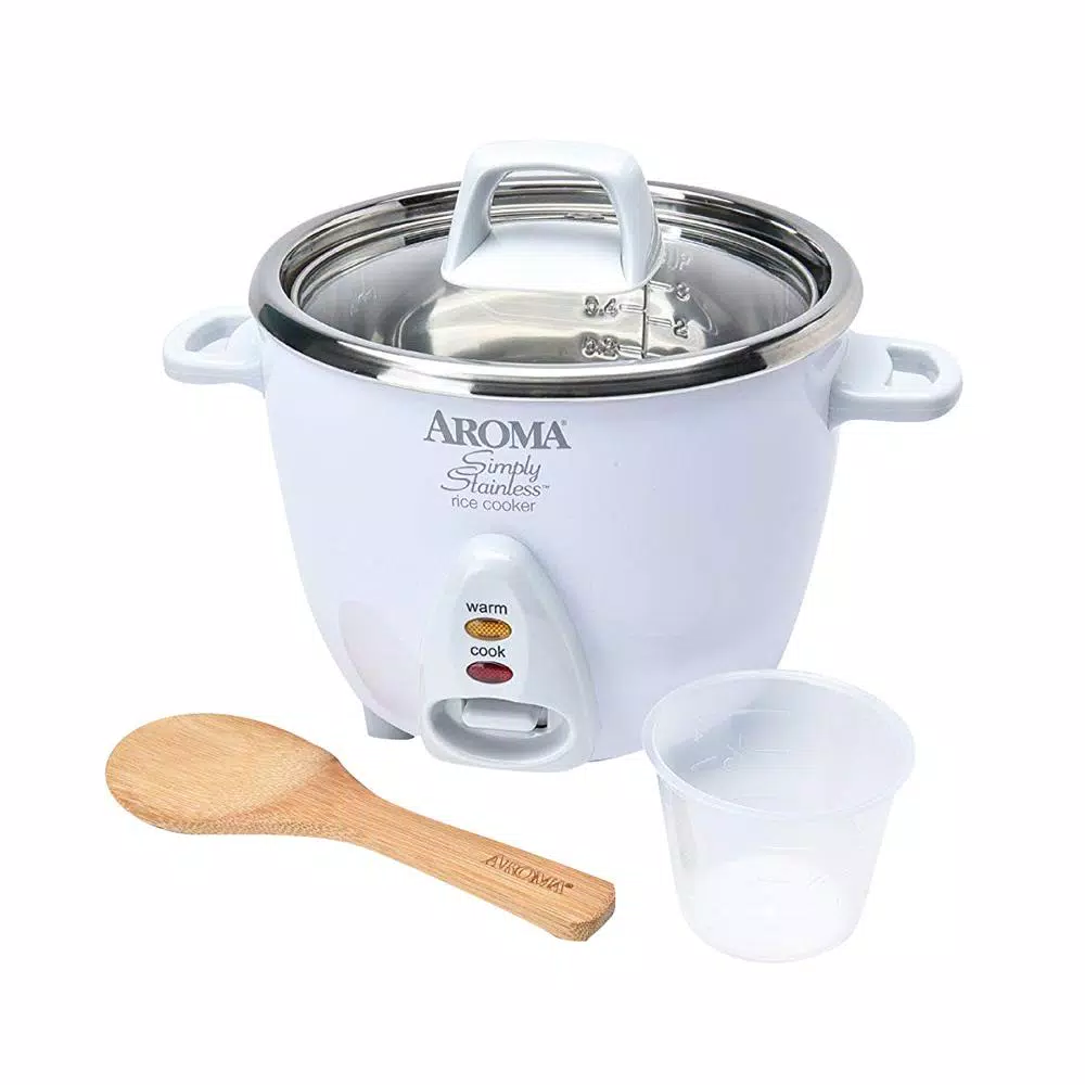 Aroma Simply 6-Cup Stainless Steel White Rice Cooker with Measuring Cup and Spatula