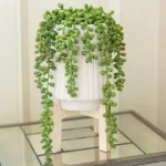 Flora Bunda 10 in. Faux Donkey Tail Succulent in White Ceramic Planter with Wood Stand thumbnail 6