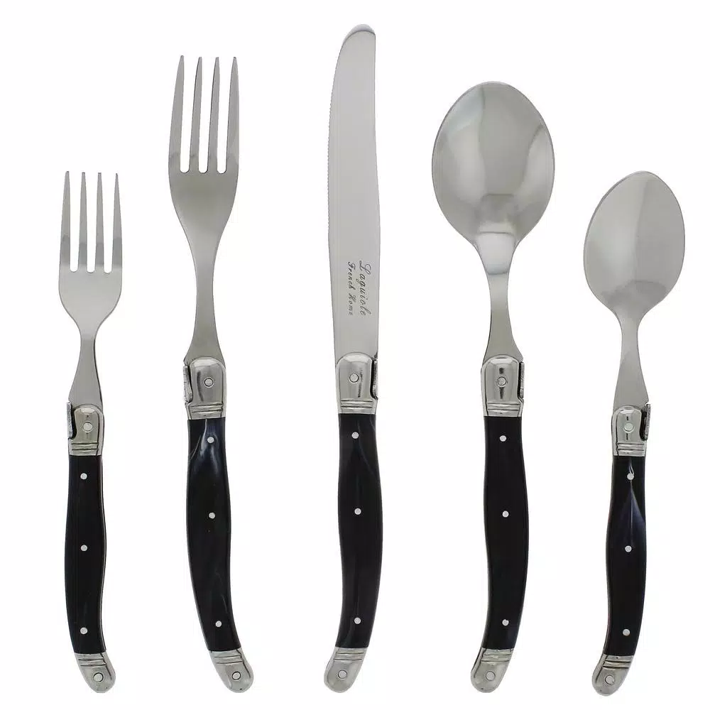 French Home Laguiole 20-Piece Stainless Steel Flatware Set with Black Faux Marble Handles, Service for 4