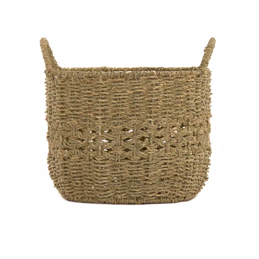 Zentique Handmade Round Woven Seagrass Wicker Basket with Handles, Brown