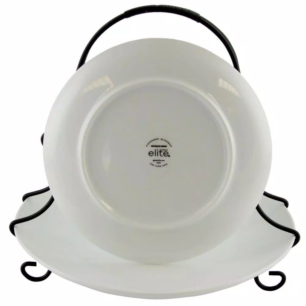 Gibson Elite Gracious Dining 3-Piece White Porcelain 2-Tiered Serving Set with Metal Rack