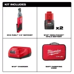 Milwaukee M12 FUEL 1/4 in. Cordless Ratchet Kit with (2) 2.0 Ah Batteries, Charger & Tool Bag thumbnail 2