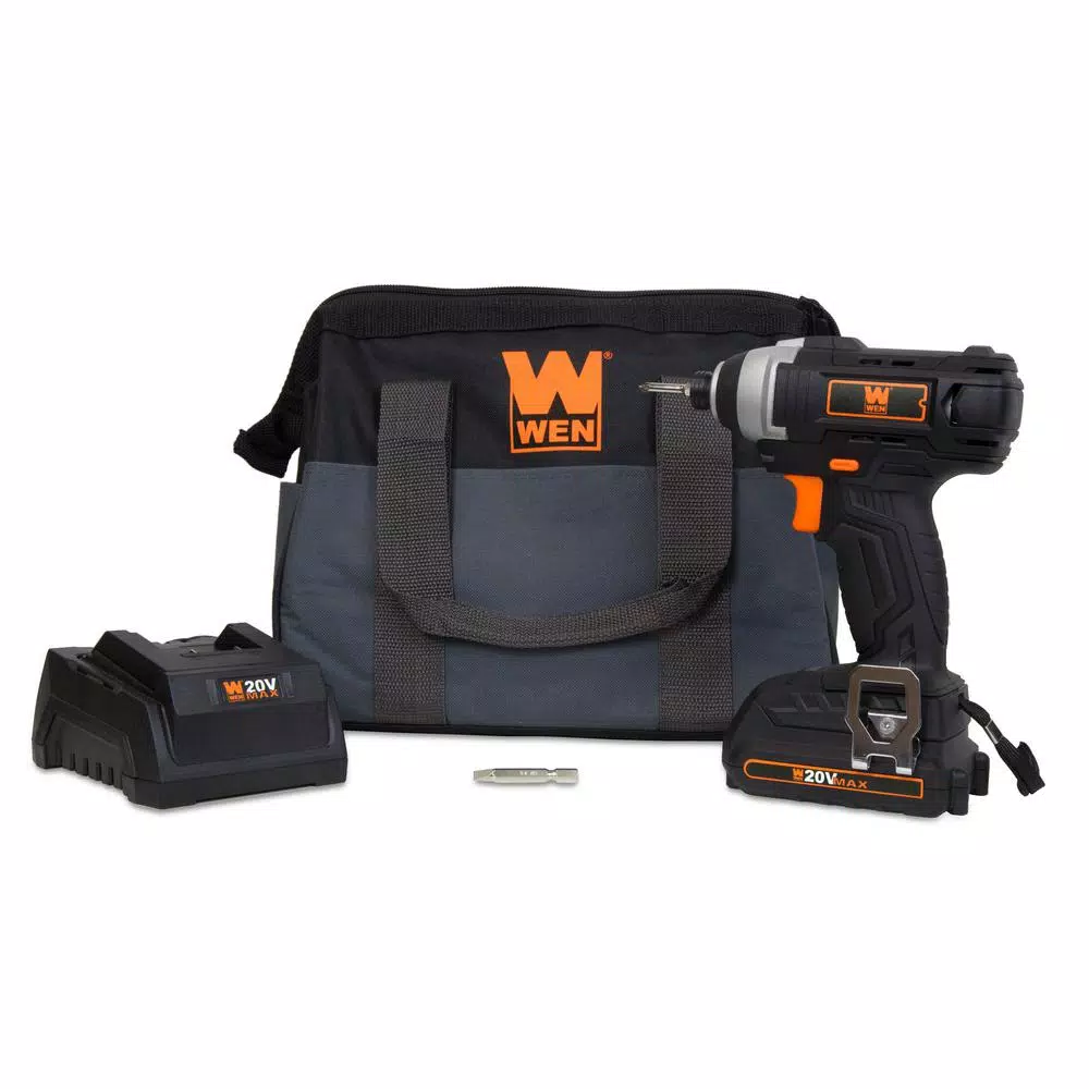 WEN 20V MAX Cordless 1/4-in. Impact Driver Kit with 1.5 Ah Battery, Charger, Bits, and Carrying Bag