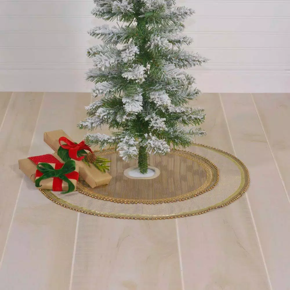 VHC Brands 21 in. Celebrate Bronze Tan Glam Christmas Mini Tree Skirt with Metallic Gold Trim