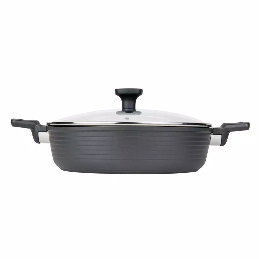 MasterPan Modern Series 5 qt. Cast Aluminum Nonstick Saute Pan with Glass Lid, Black