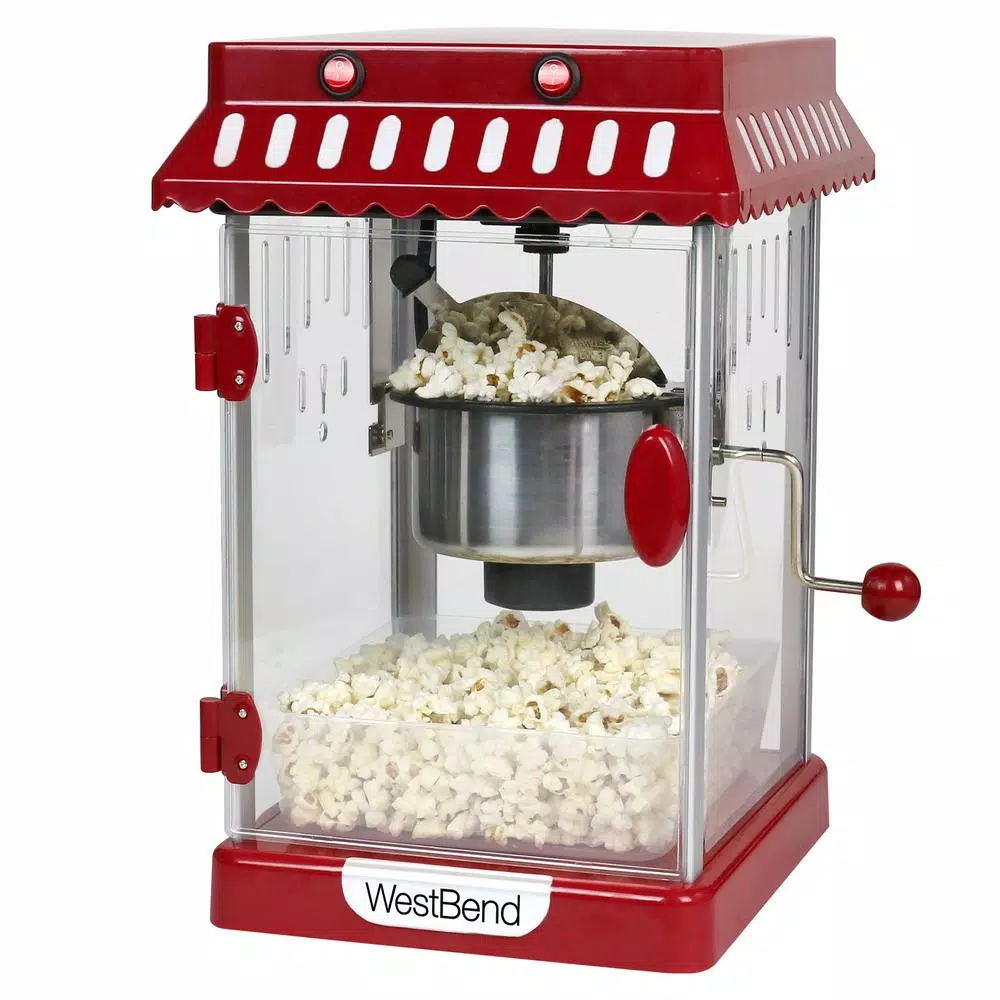 West Bend Popcorn Cart Popcorn Popper with 2.5 oz Non-Stick Stainless Steel Kettle, Red