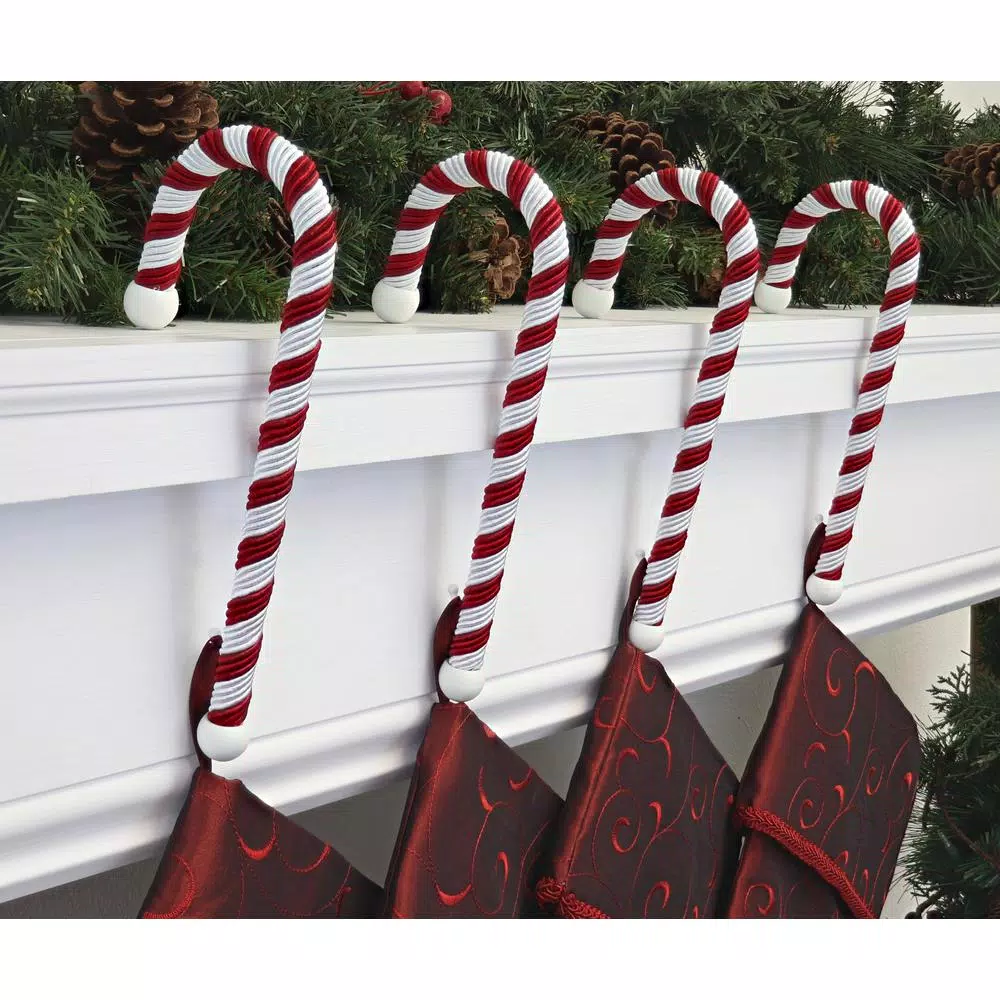 Haute Decor 9 in. Candy Cane Stocking Holder Set, Red and White, 4-Pack