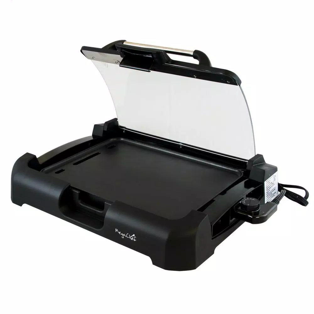 MegaChef 165 sq. in. Reversible Indoor Grill and Griddle with Removable Glass Lid, Black