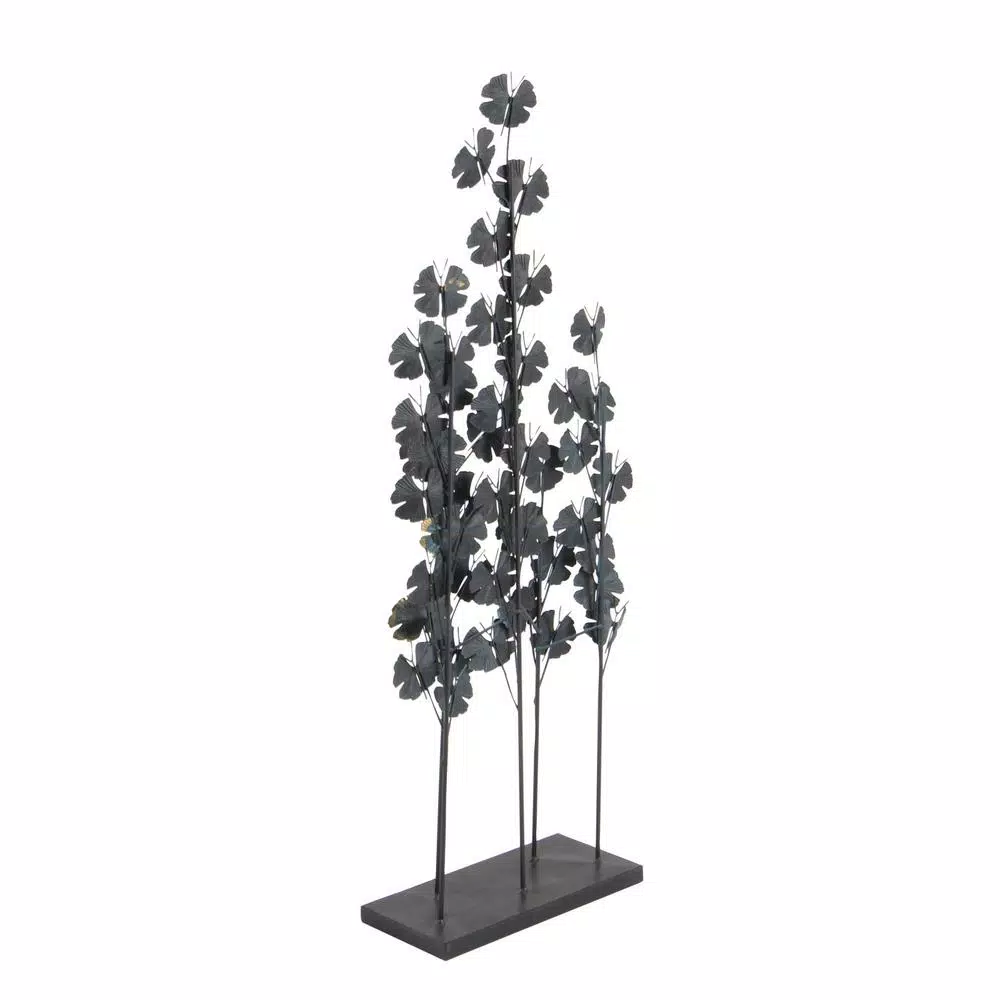 LITTON LANE Iron Metal Turquoise Ginkgo Leaves Sculpture with Gold Outline and Rectangular Base
