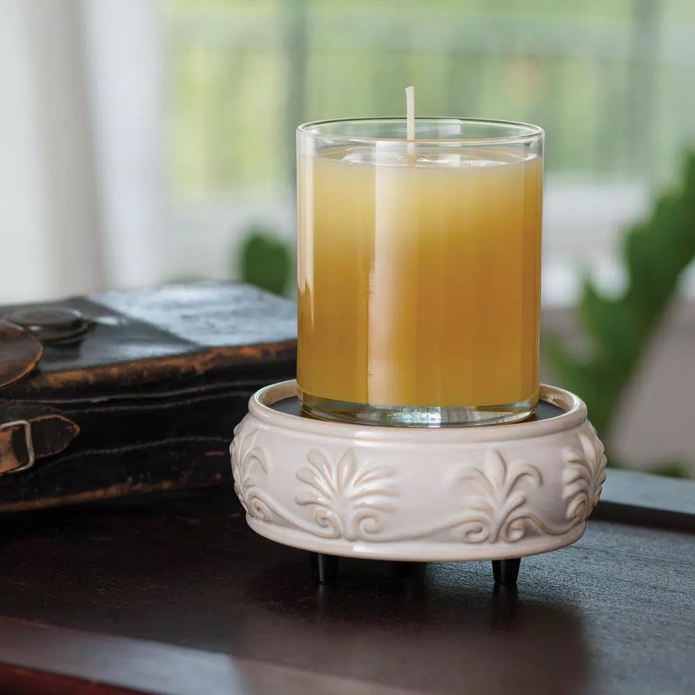 Candle Warmers Etc 5.2 in Sandstone 2-in-1 Classic Fragrance Warmer with Fleur de Lis Pattern