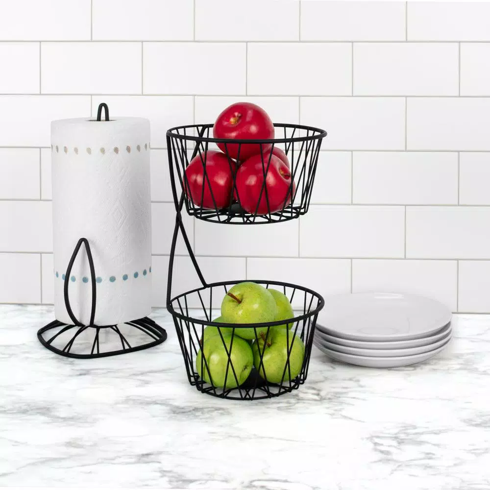 Spectrum Paxton 2-Tier Black Steel Fruit Basket Server, Rustic Farmhouse Design