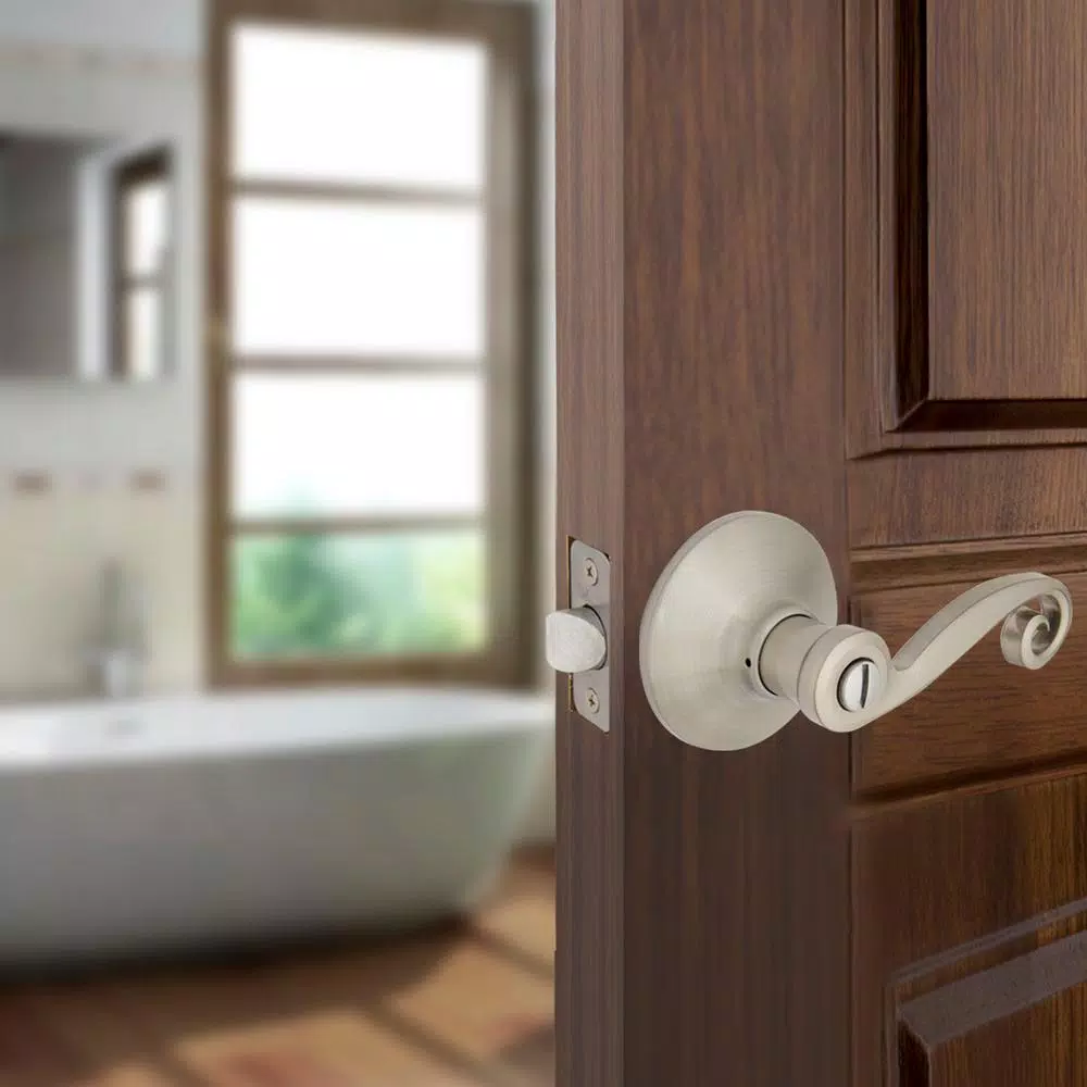Defiant Scroll Satin Nickel Privacy Lever Set for Bedroom and Bathroom Doors