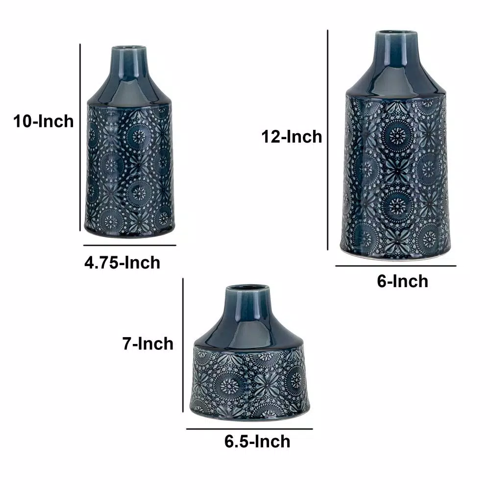 Benjara Athena Glazed Cerulean Blue Ceramic Floral Vases, Set of 3