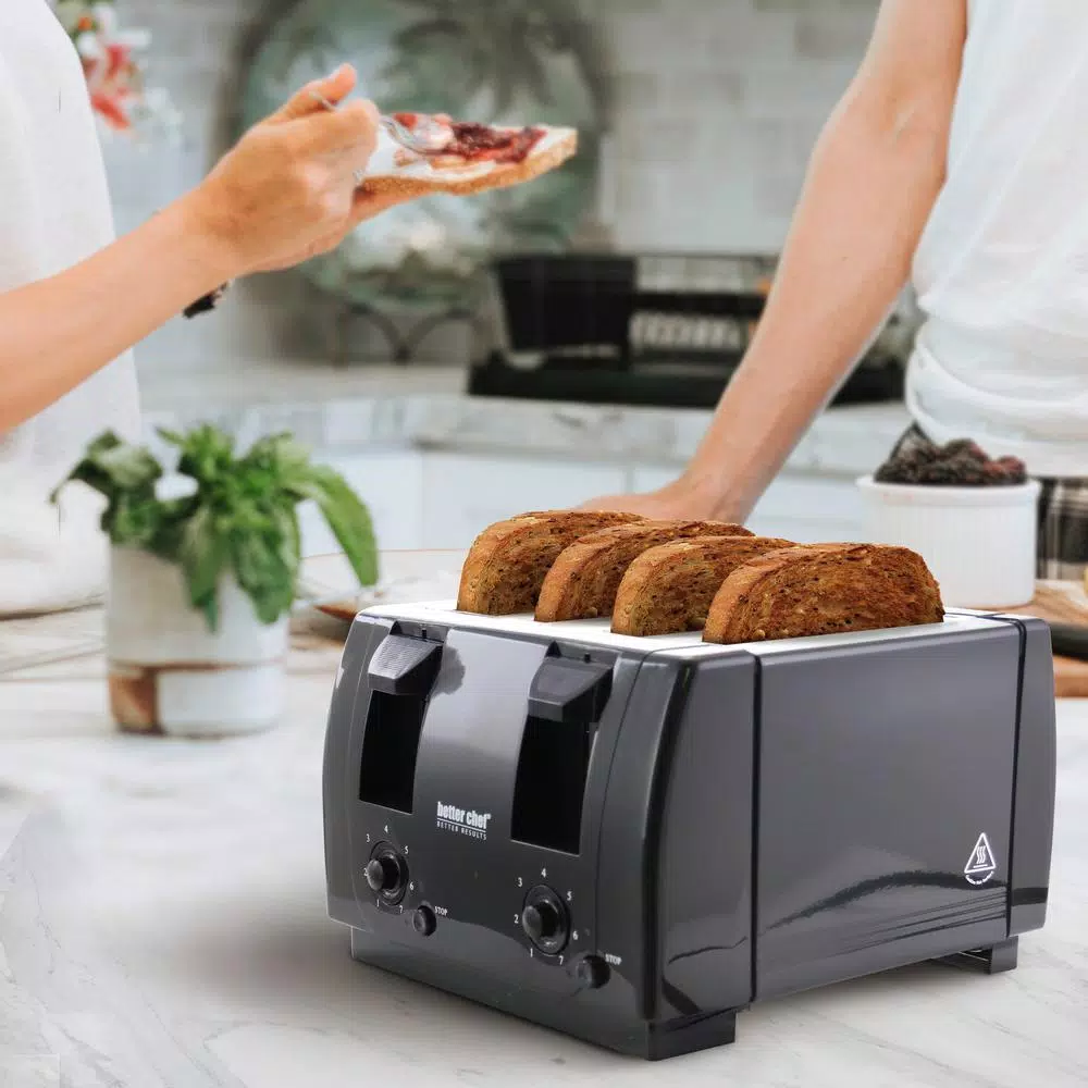 Better Chef 4-Slice Black Toaster with Dual-Control and Wide Slots