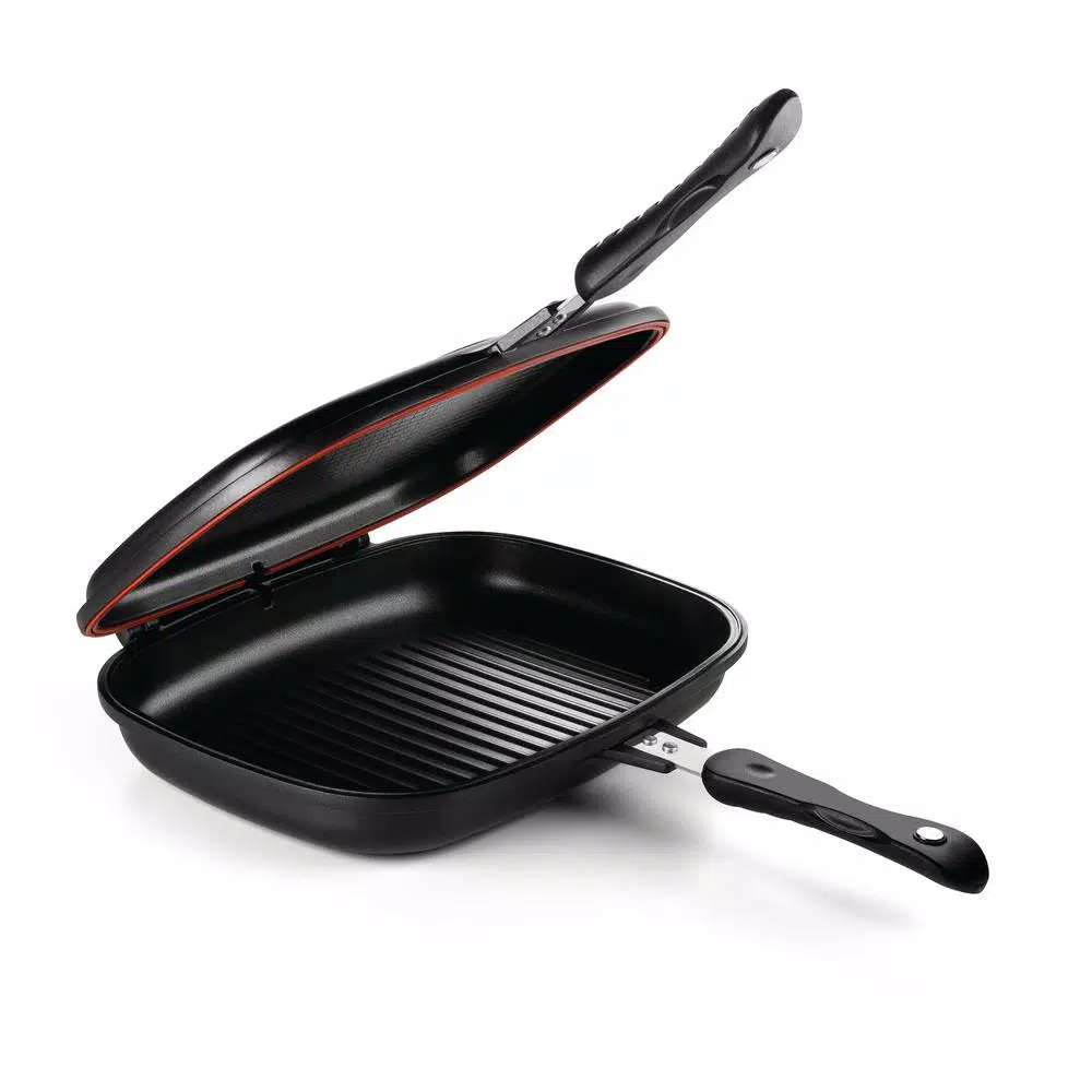 Hercules 13 in. Cast Aluminum Nonstick Double-Sided Skillet with Magnetic Lock - Black