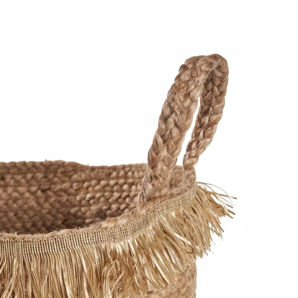 LR Home Claine Braided Jute Decorative Storage Basket with Fringe Rim and Handles