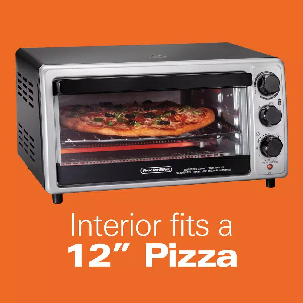 Proctor Silex 1500-Watt 6-Slice Silver Toaster Oven with Toast, Bake, and Broil Settings