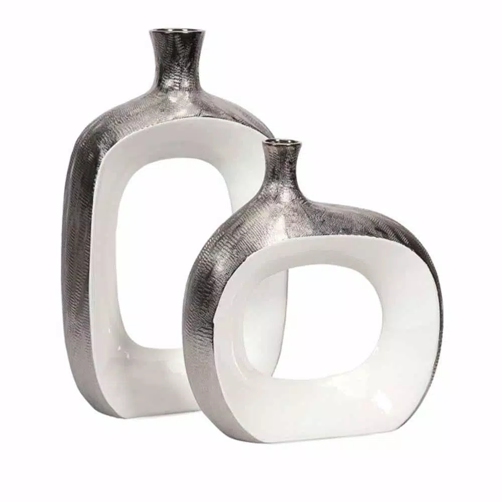 IMAX Riley Gray Small Metallic Ceramic Vase - Round Decorative Floor Vase