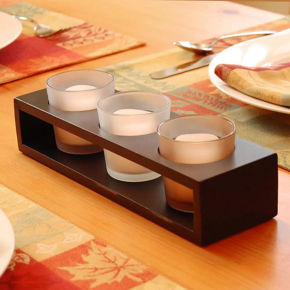 LUMABASE Trio Candle Tray with 3 Frosted Earth Tone Glass Votives - Black Wood