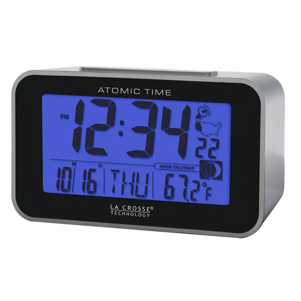 La Crosse Technology Atomic Digital Alarm Clock with Moon Phase & Temperature Display, Silver