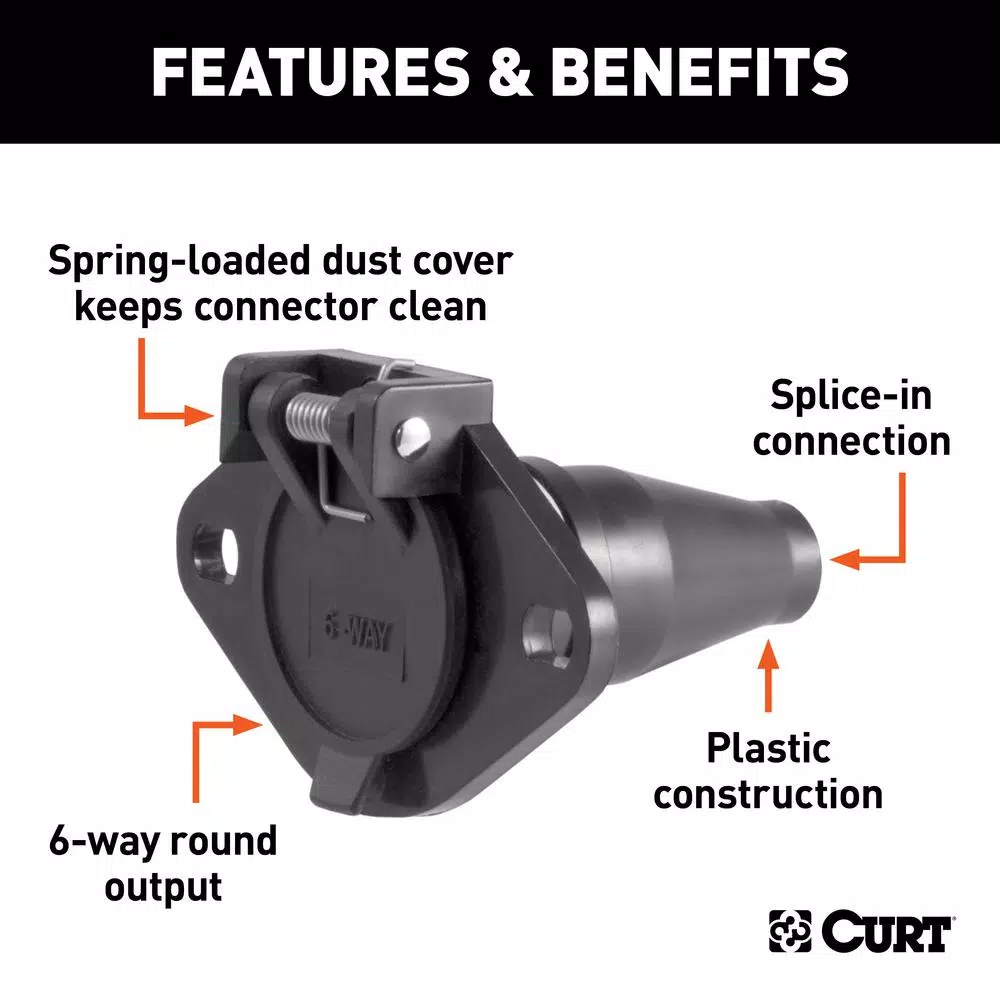 CURT 6-Way Round Vehicle-Side Connector Socket, Black Plastic
