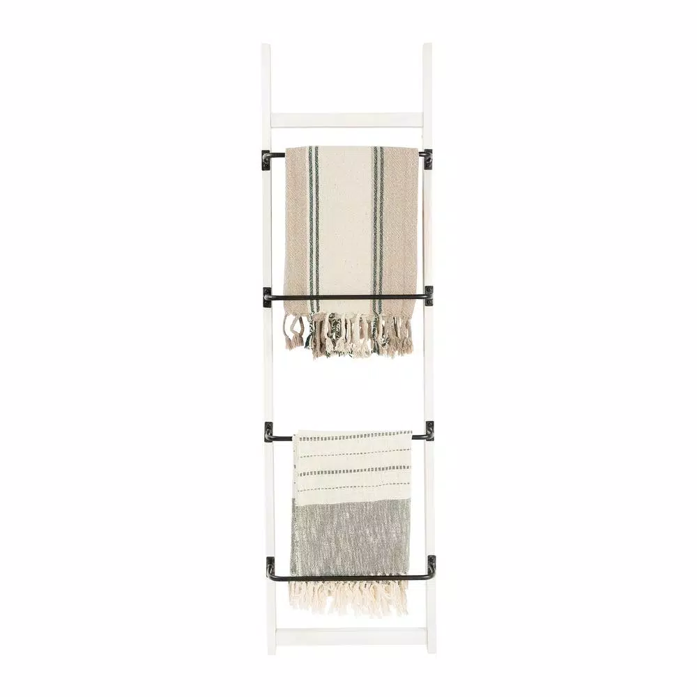 3R Studios 4-Bar Wall Mounted Towel Rack, Distressed Off-White Wood with Black Metal Bars