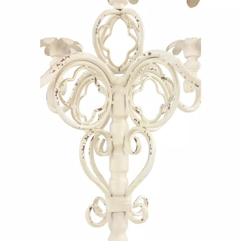 LITTON LANE Tall Vintage White Metal Candelabra with Scrolled Arms - 30 inch