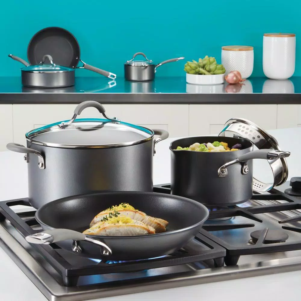 Circulon Elementum 3 Qt. Hard-Anodized Nonstick Covered Multipot with Steamer Insert, Oyster Gray
