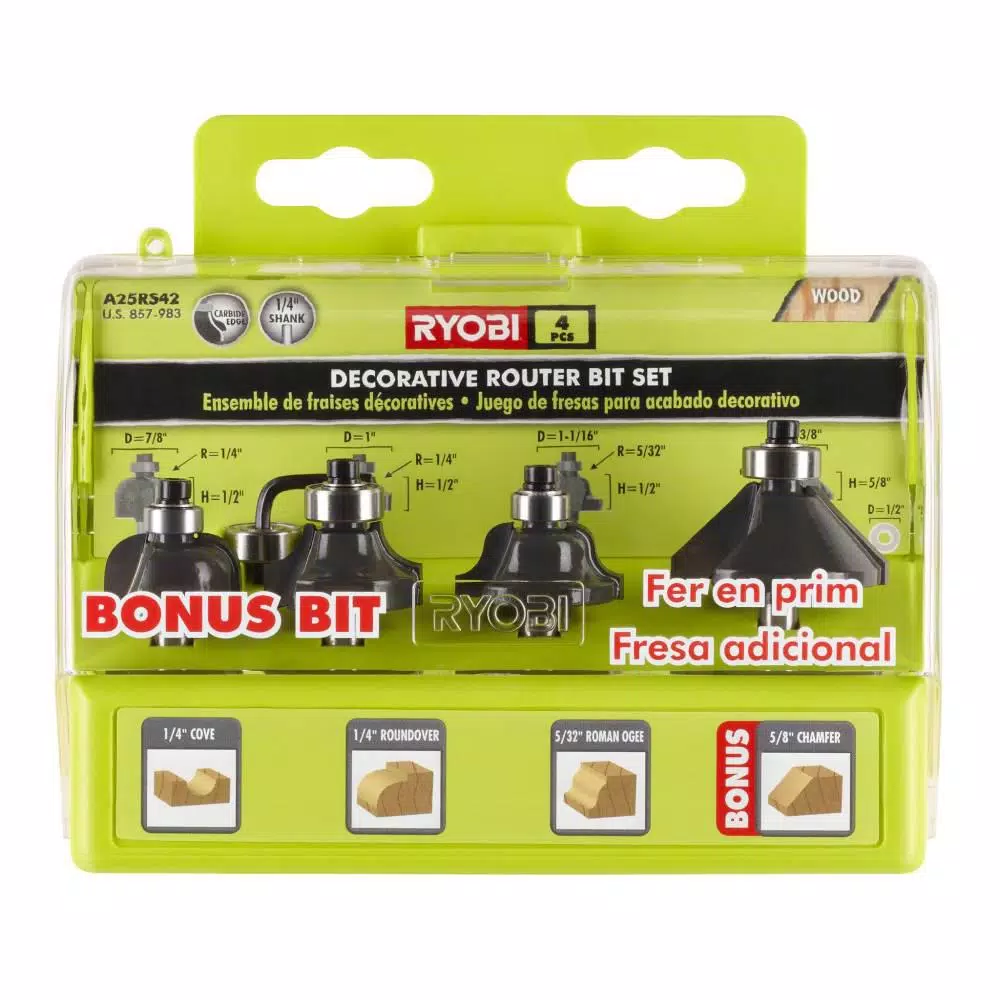 RYOBI 18V ONE+ Cordless Fixed Base Trim Router with 4-Piece Decorative Carbide Bit Set