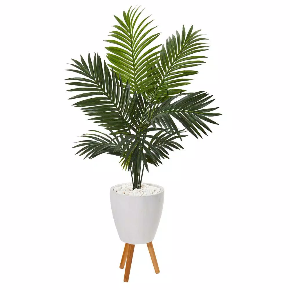 Nearly Natural 61 in. Paradise Palm Artificial Tree with White Planter and Wooden Stand
