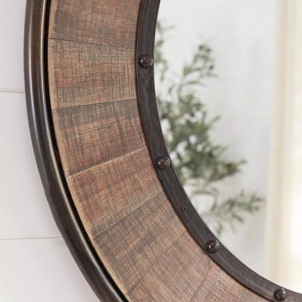 Home Decorators Collection 31 in. Round Farmhouse Accent Mirror with Distressed Wood Finish