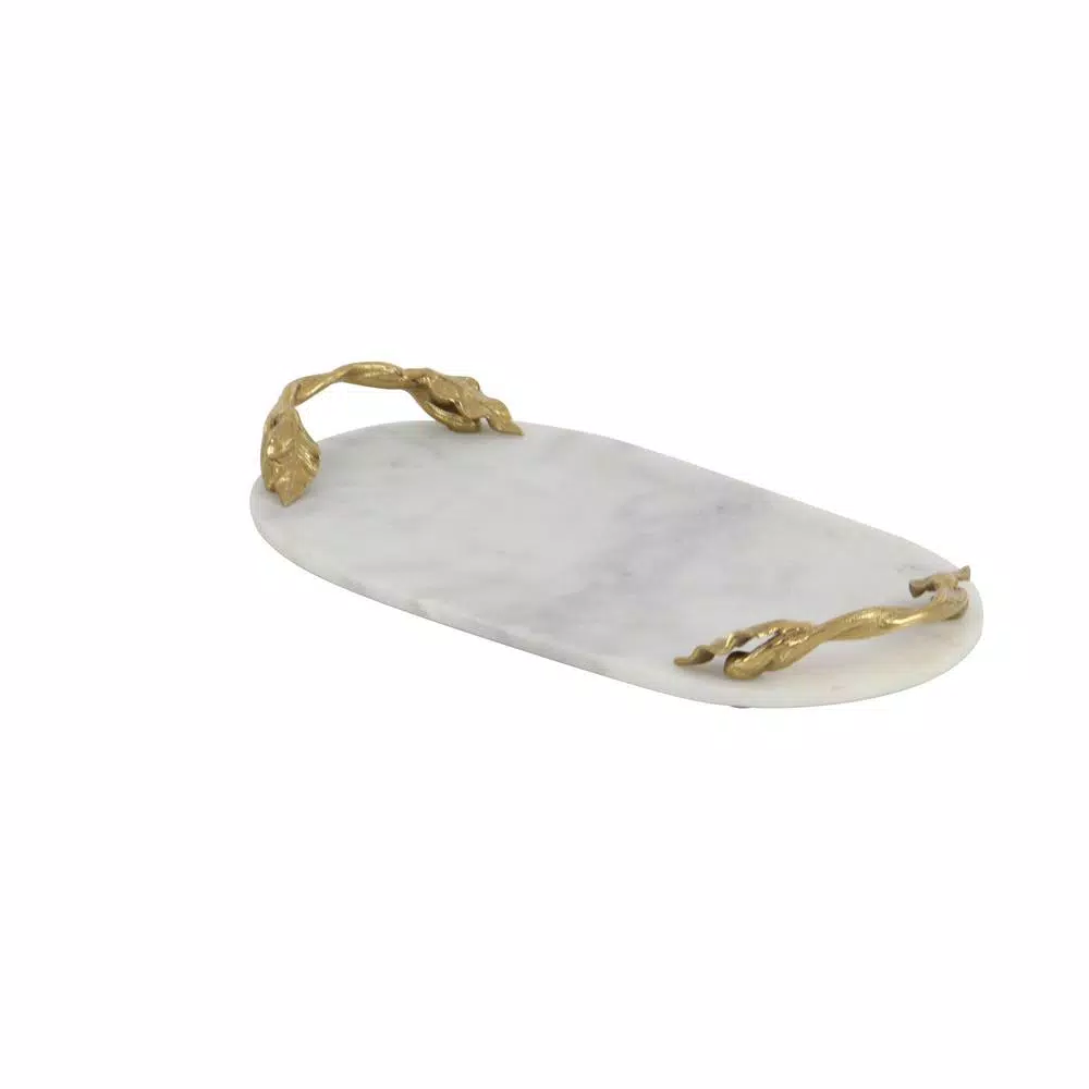 LITTON LANE 20 in. White Marble Oval Decorative Tray with Gold Leaf and Vine Aluminum Handles