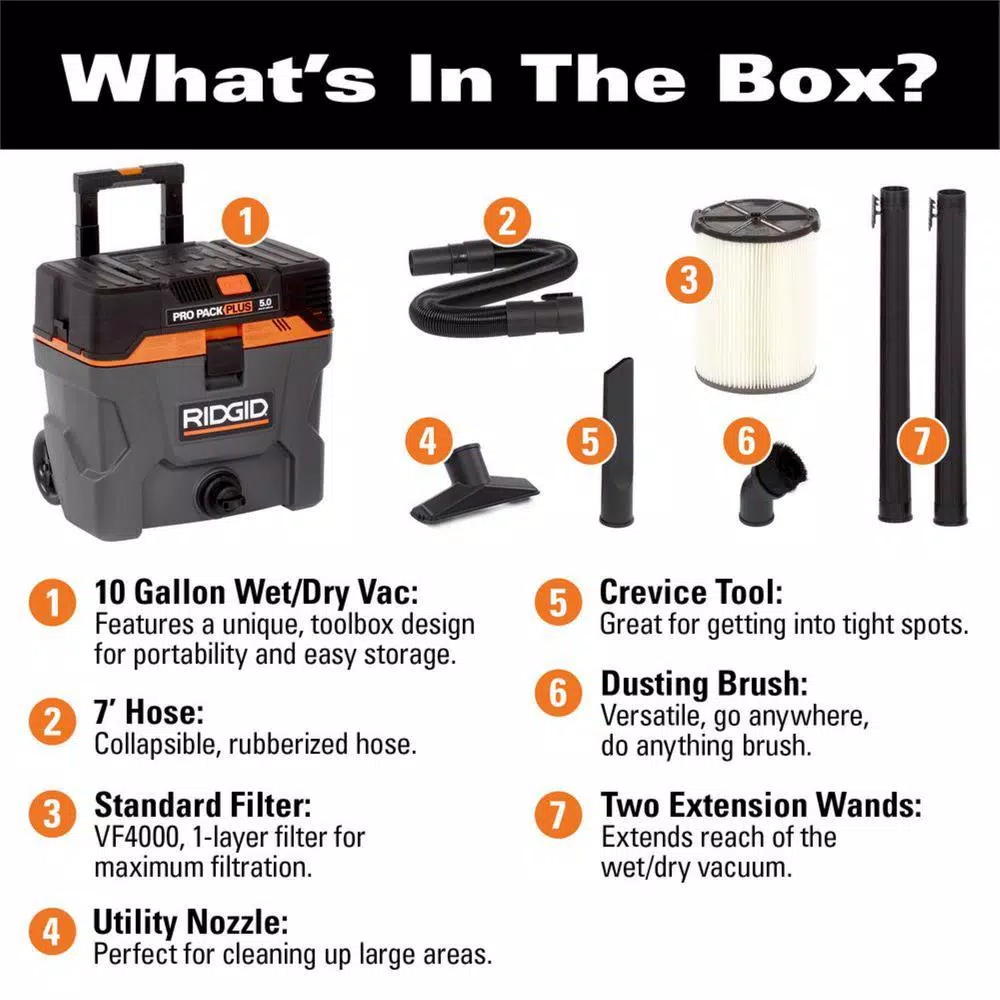 RIDGID 10 Gal. 5.0 Peak HP ProPack Plus Wet/Dry Shop Vacuum with Qwik Lock Filter