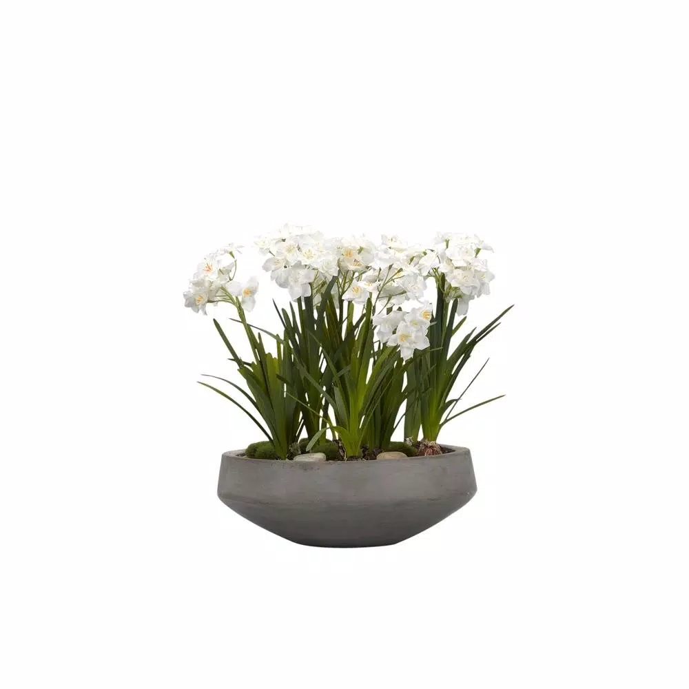D&W Silks White Paper Bulb Faux Floral Arrangement in Grey Stone Bowl