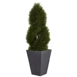 Nearly Natural 4 ft. Artificial Cypress Double Spiral Topiary Tree in Slate Planter, UV Resistant Indoor/Outdoor thumbnail 1
