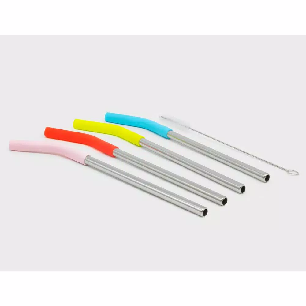 ExcelSteel 10-Piece Stainless Steel Reusable Straw Set with Silicone Tips and Cleaning Brushes, Multi-Colored