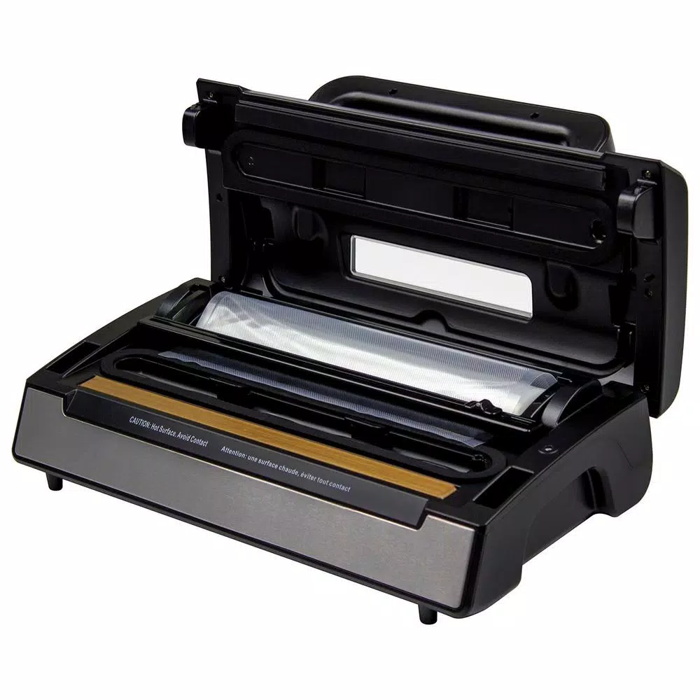 Nesco Deluxe Vacuum Sealer, 130W Double Vacuum Pump with Bag Cutter and Roll Storage, Black and Silver