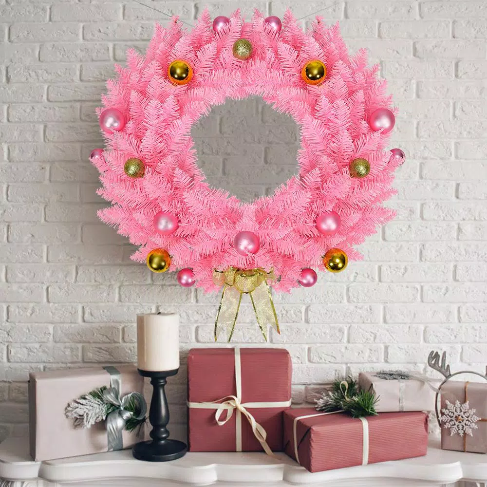 Costway 24 in. Pink Artificial PVC Christmas Wreath with Ornament Balls and Golden Bow