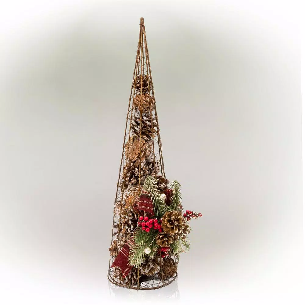 Alpine Corporation 20 in. Rustic Pinecone Christmas Tree Decor with Holly and Plaid Bow