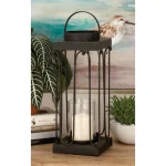 LITTON LANE Black Tin and Clear Glass Lantern Candle Holder Set of 2 - Industrial Mission Style thumbnail 1