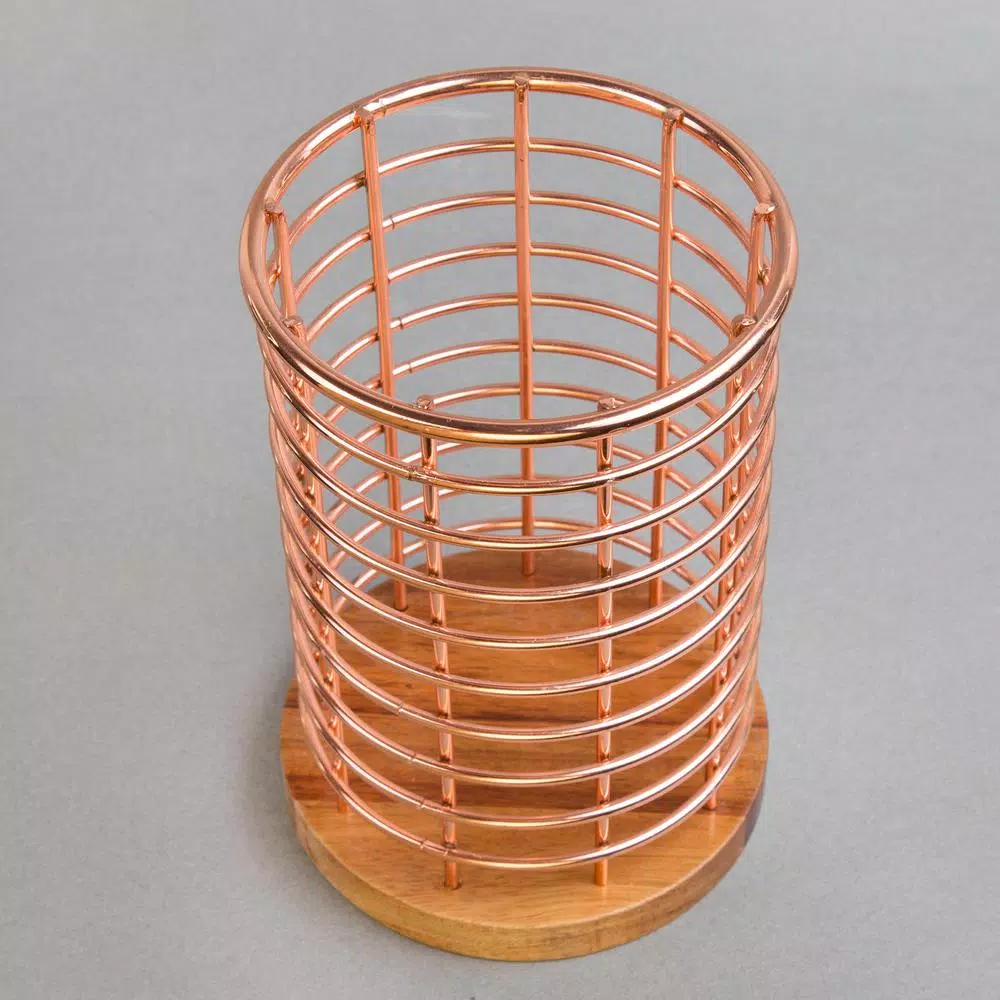 Creative Home Acacia Wood and Copper Iron Wire Utensil Tool Holder Crock