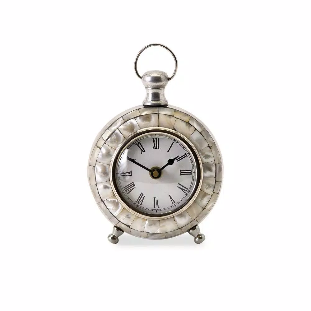 Unbranded Levine Silver Metal Desk Clock with Shell Inlay Pattern - Analog