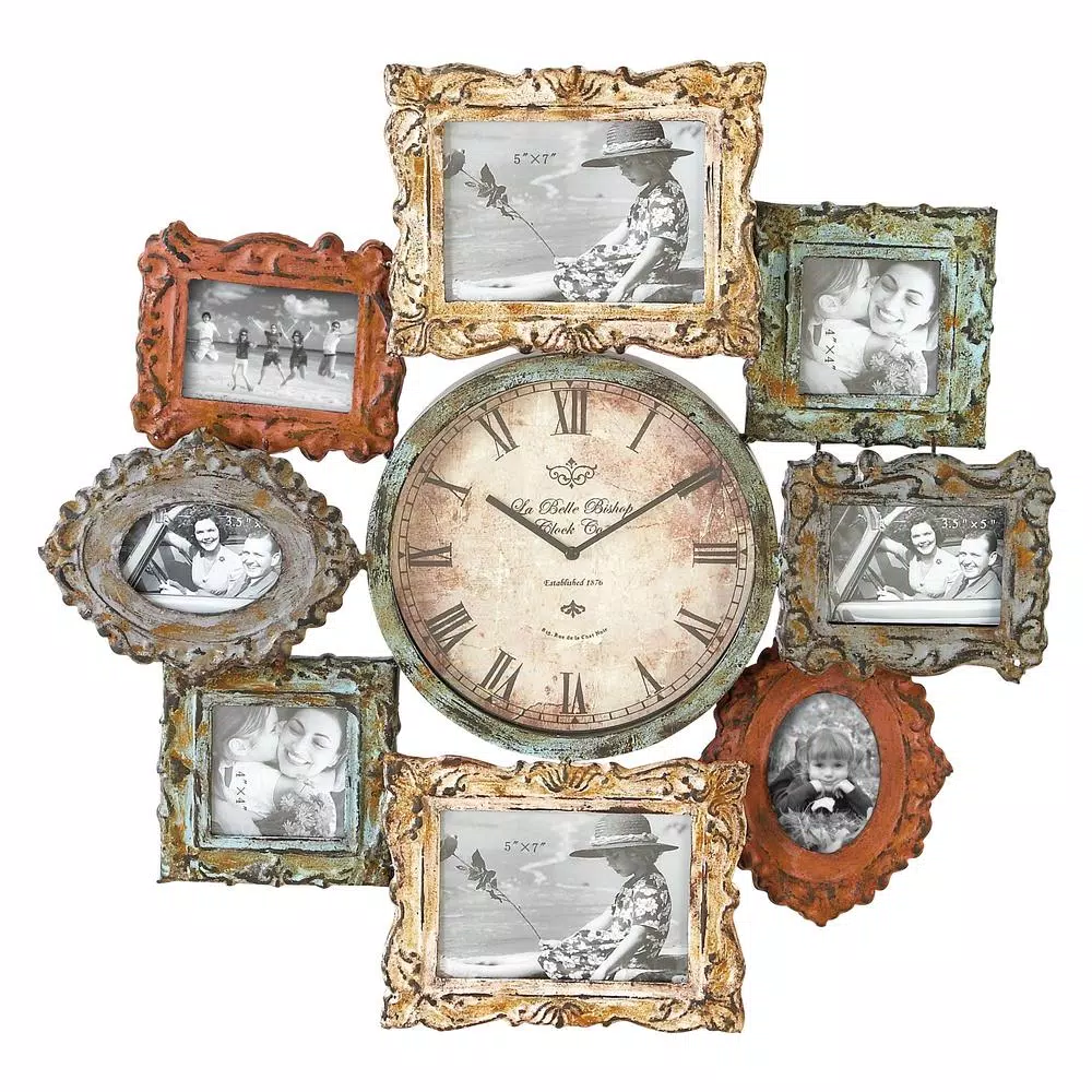 LITTON LANE 25 in. Metal Victorian Photo Frame Montage and Wall Clock with 8 Frames