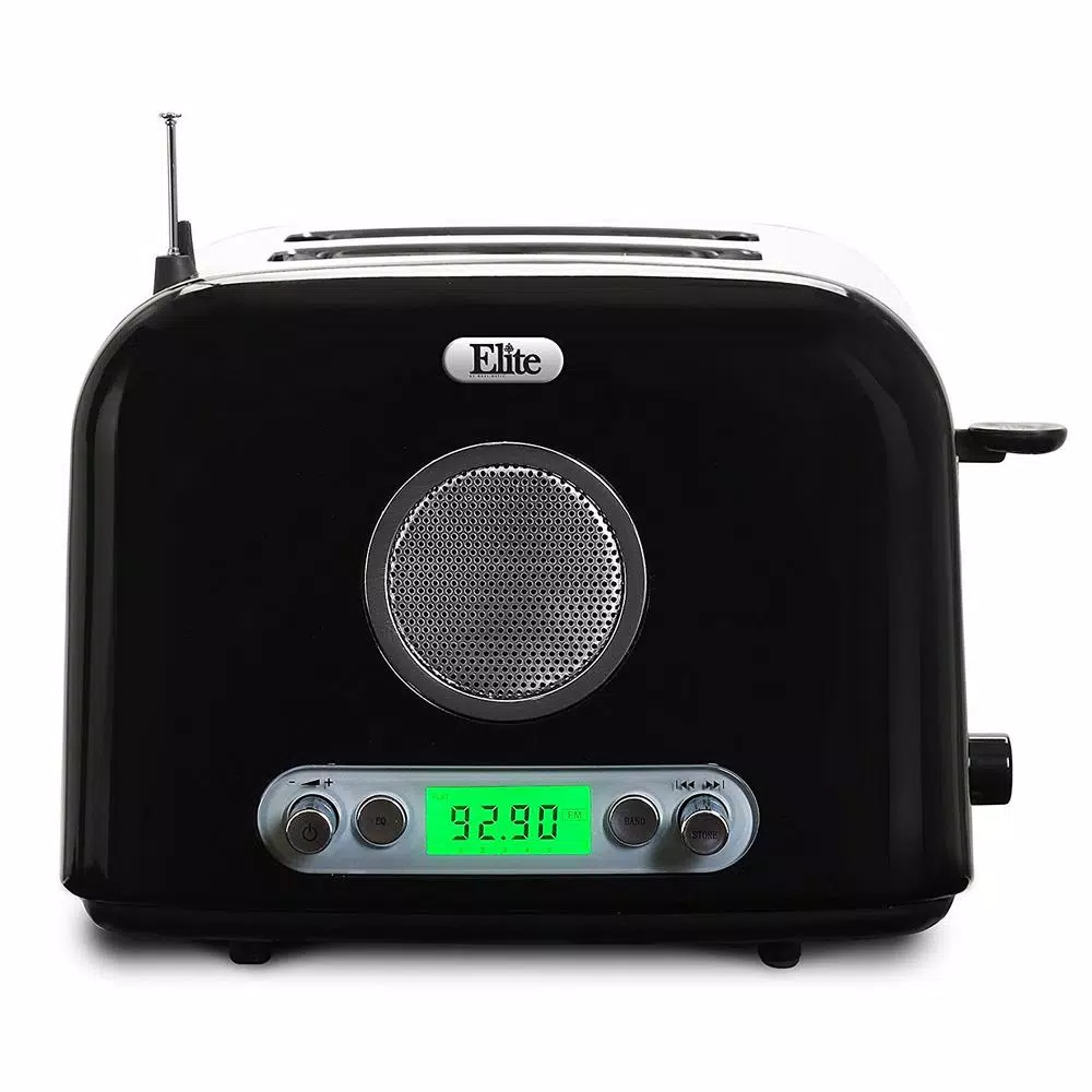 Elite Platinum Elite 2-Slice Black Wide Slot Toaster with Built-in AM/FM Radio and Digital Display