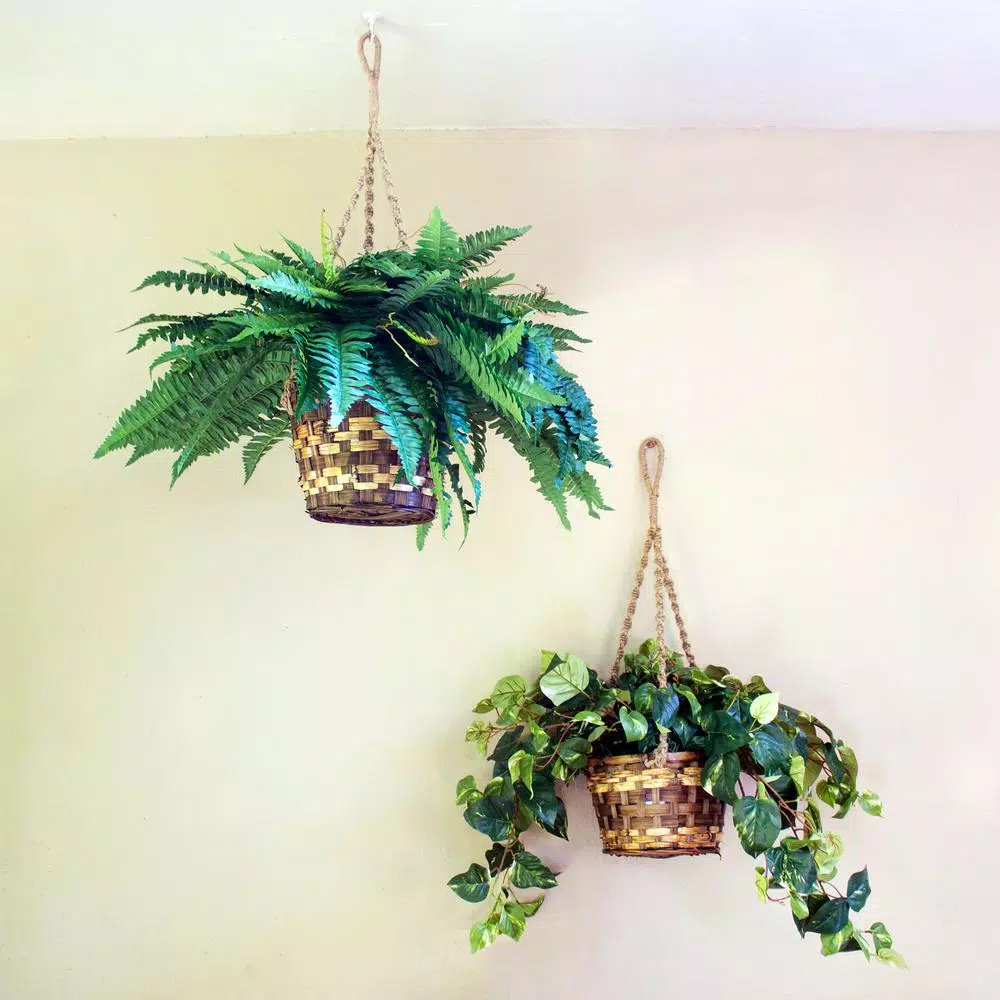 Nearly Natural Lifelike Pothos Silk Plant in Woven Roped Hanging Basket