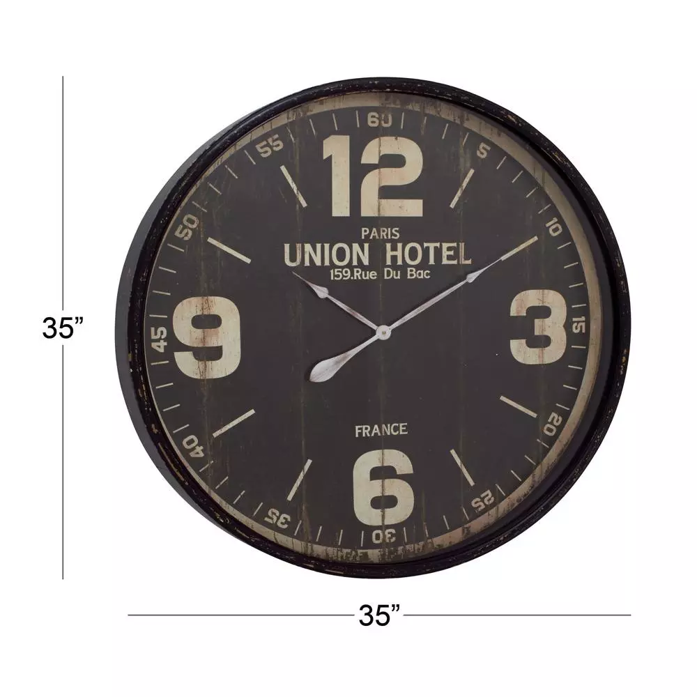 LITTON LANE 35 in. Vintage Round Wall Clock - Distressed Black Metal Industrial Design