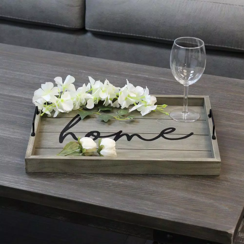 Elegant Designs Rustic Gray Wooden Decorative Serving Tray with Black Metal Handles