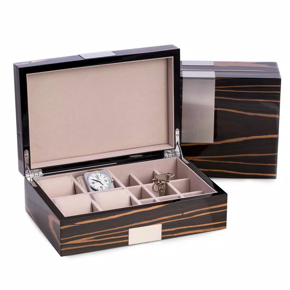 BEY-BERK Mateo Lacquered Ebony Burl Wood Valet Box with Stainless Steel Accents